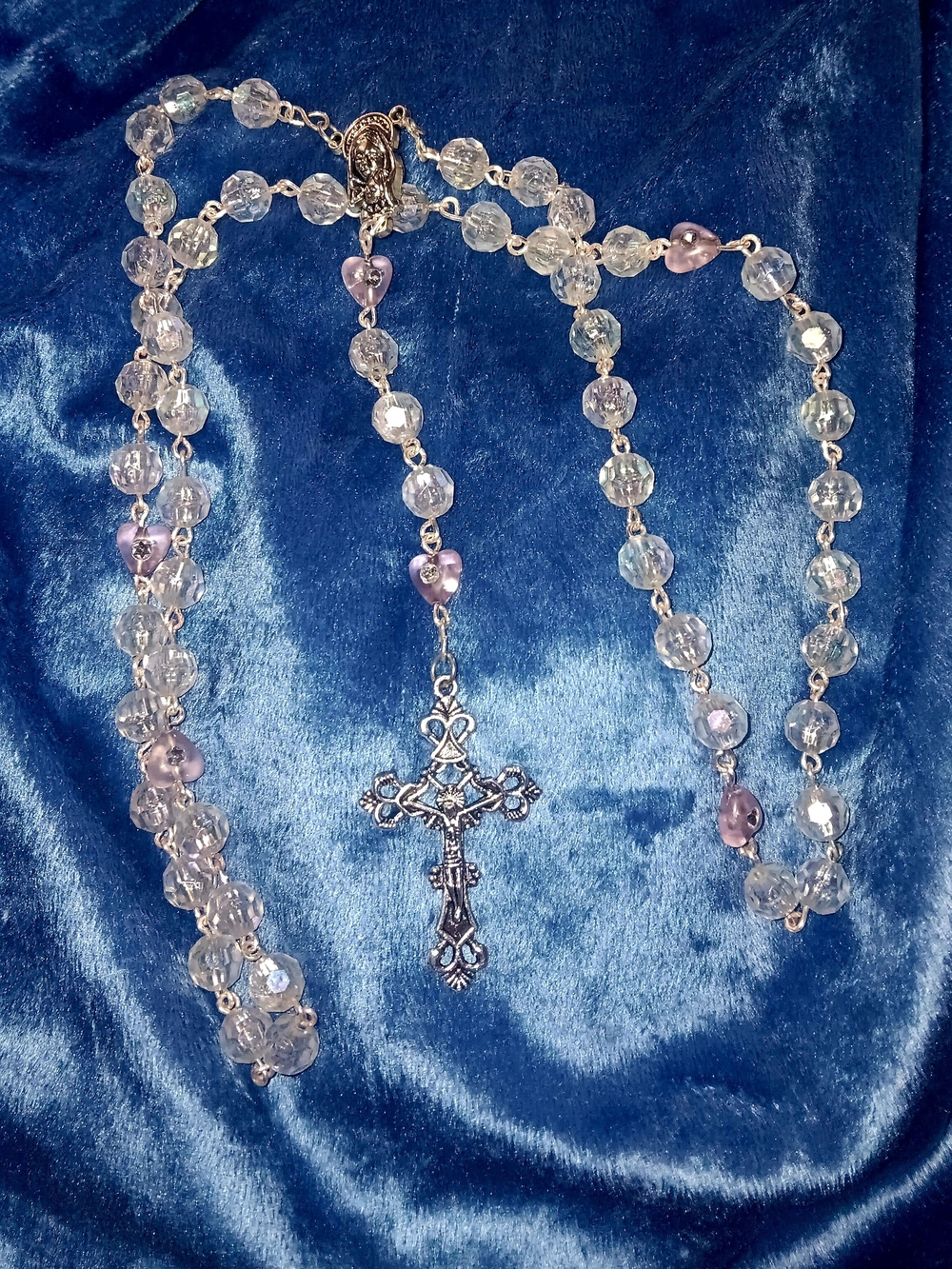 Silver Cross Rosary with Clear and Light Pink Beads